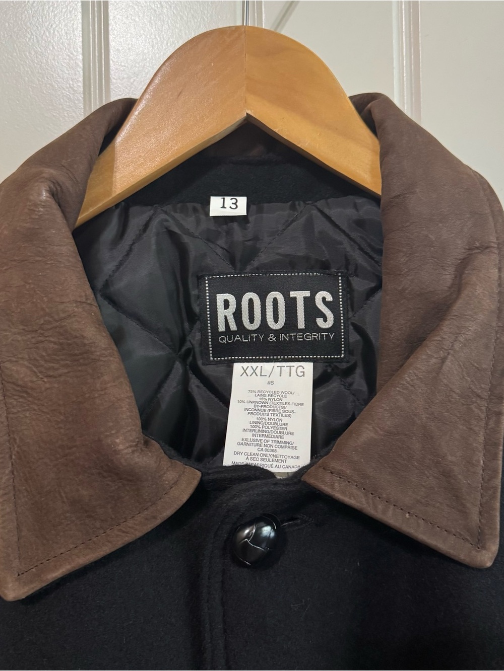 Roots Black Pea Coat with Brown Corduroy Collar - Picture 3 of 11